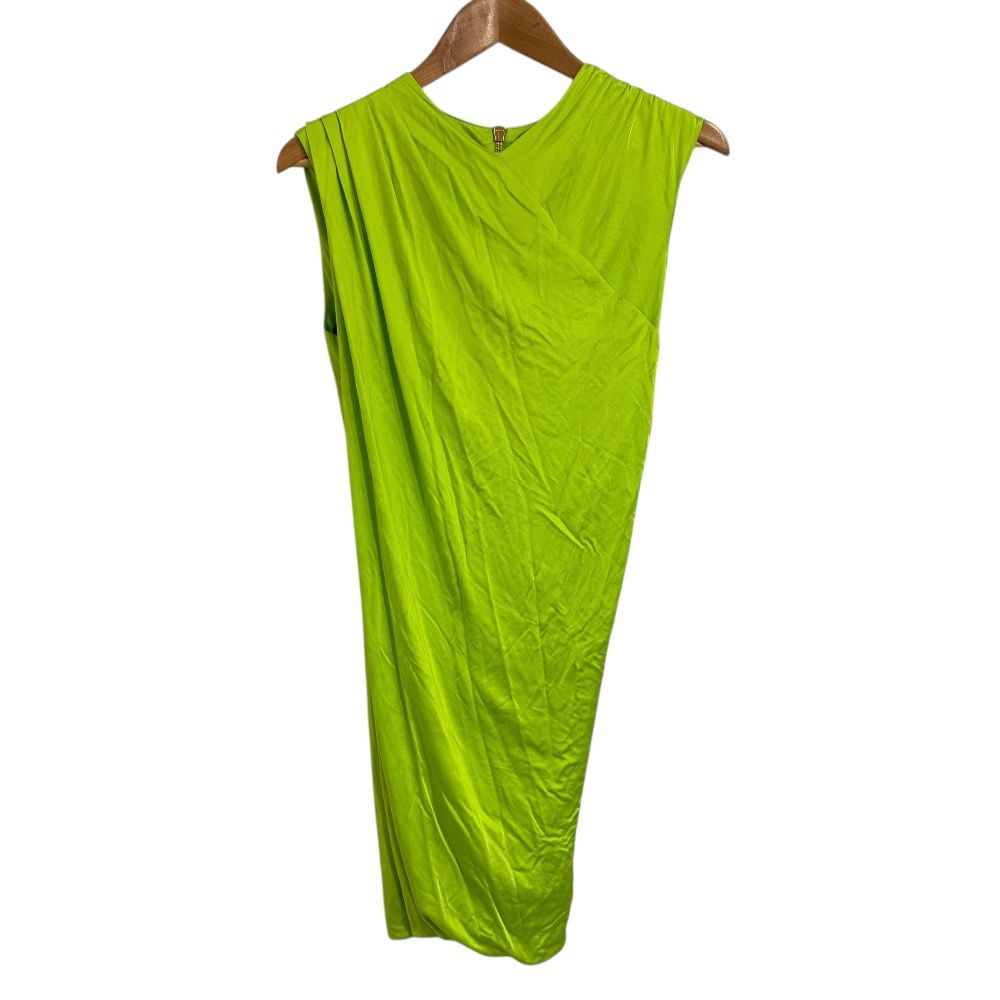 VERSACE ヴェルサーチ モデル ノースリーブ ひざ丈 ギャザー ワンピース サイズ44 ライムグリーン レディース 古着
