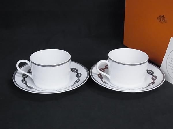 HERMES エルメス シェーヌダンクル カップ＆ソーサー 食器 テーブルウェア ペア 2客セット ホワイト系 BR 0848