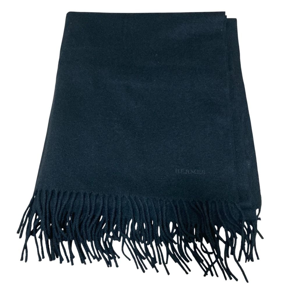 美品 HERMES エルメス ロゴ刺繍 カシミヤ フリンジ 大判マフラー
