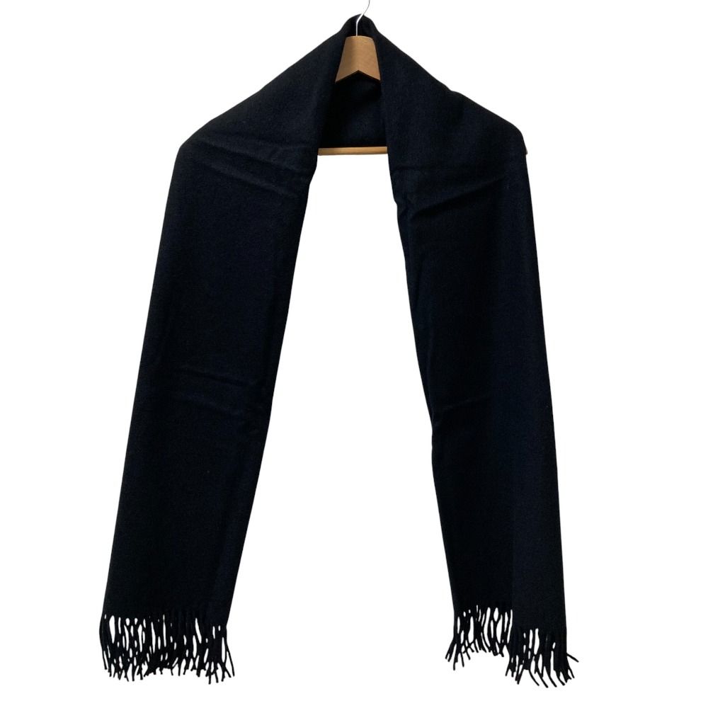 [極美品] HERMES ブラック　カシミヤ ストール　フリンジ 美品 HERMES エルメス ロゴ刺繍 カシミヤ フリンジ 大判マフラー