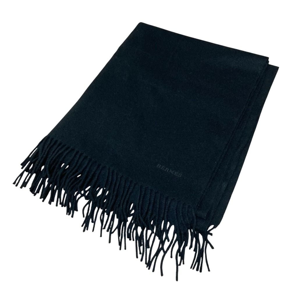 美品 HERMES エルメス ロゴ刺繍 カシミヤ フリンジ 大判マフラー