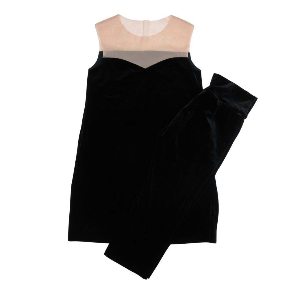 Daisy Lin デイジーリン ベロア セットアップ ノースリーブ チュール チュニック レギンス パンツ 40 ブラック ベージュ レディース 古着