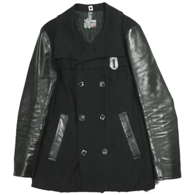 wjk ダブルジェイケイ 日本製 STAND P-COAT 袖レザー スタンドカラーメルトンピーコート wl48oa L BLACK 定価97,200円 シンサレート 中綿 wjk ダブルジェイケイ 日本製 STAND P-COAT 袖レザー スタンドカラー