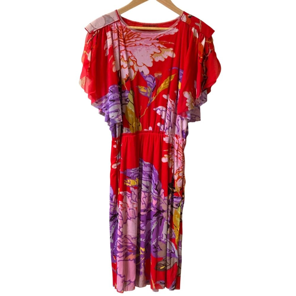 VIVIENNE TAM ヴィヴィアンタム バタフライスリーブ フラワープリント パワーネットワンピース レッド レディース 古着