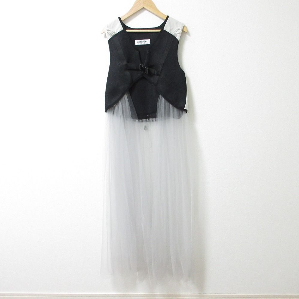 キシダミキ メッシュ ノースリーブ 2 WAY チュール ロングベスト サイズF ブラック グレー レディース 古着