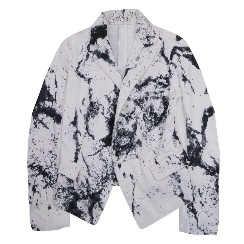 美品 bajra バジュラ テーラード ジャケット ブレザー シングル 一つ釦 ブルゾン コットン混 ストレッチ 総柄 2 白×黒 レディース 古着  USED