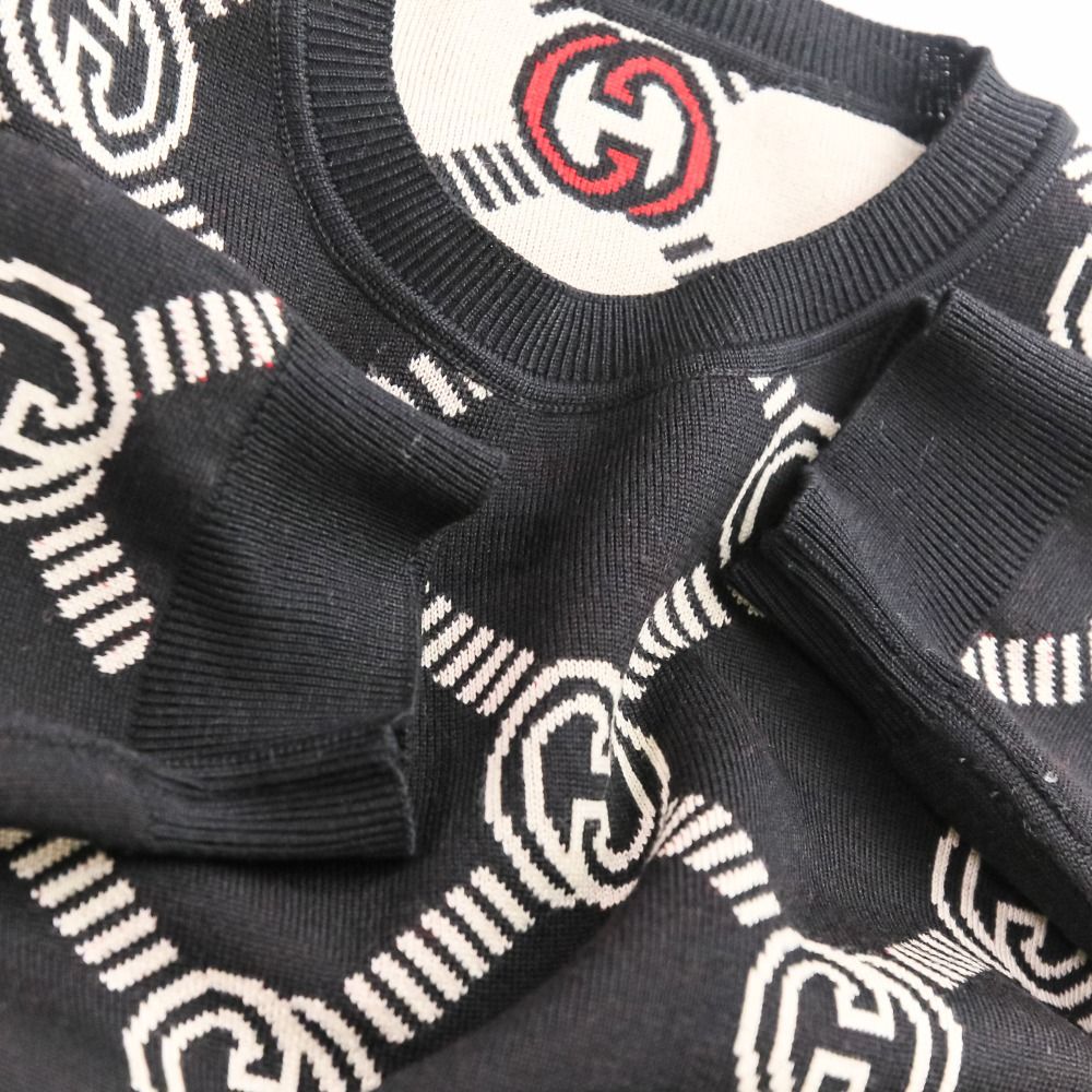 良品 GUCCI グッチ インターロッキング GG柄 リバーシブル ショートスリーブ ニット セーター 678310 サイズM ベージュ ブラック レディース 古着 中古 USED 良品 GUCCI グッチ インターロッキング GG柄 リバーシブル ショート