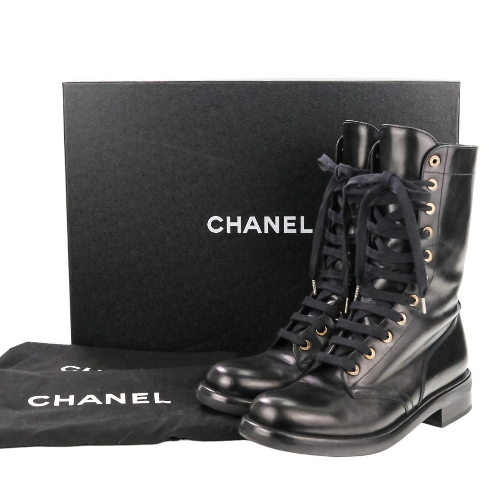 美品 CHANEL シャネル ココマーク レースアップ レザーブーツ G29132