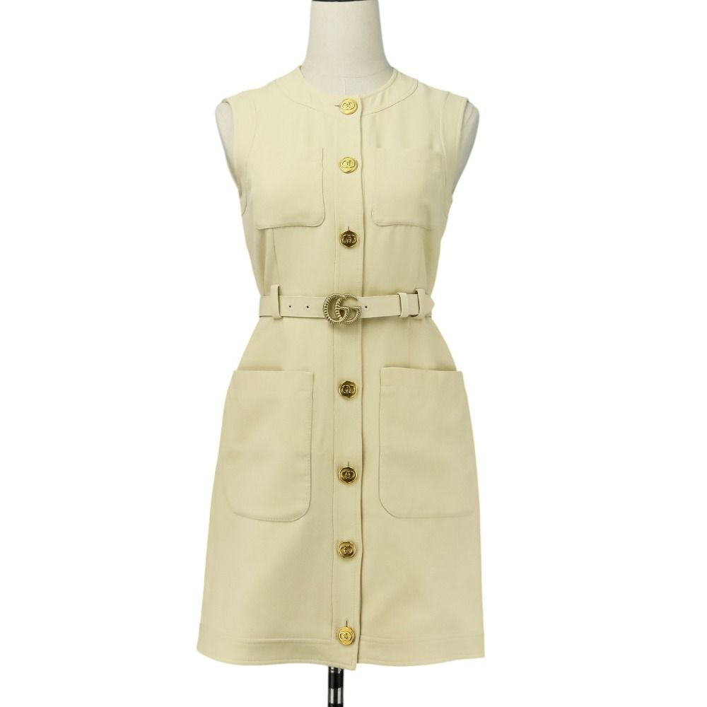 GUCCI グッチ ダブルGバックル カディシルクウール ロングベスト ワンピース 609245 サイズ36 アイボリー レディース 古着
