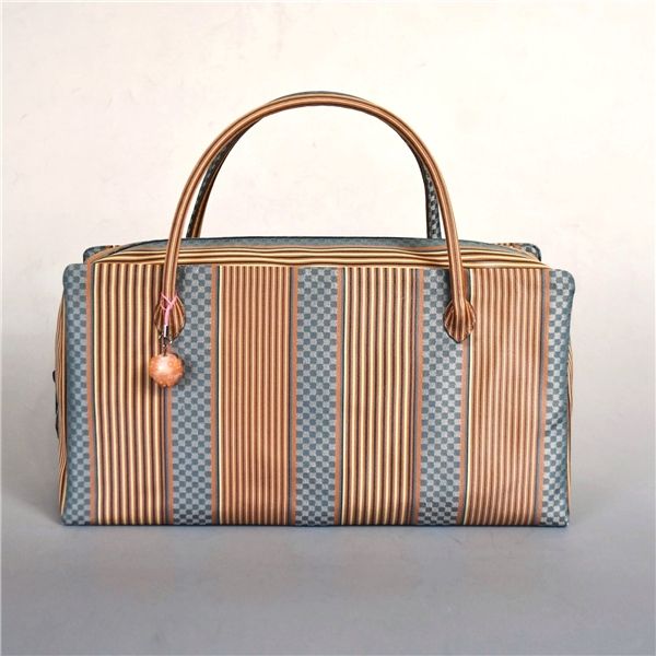 美品 利休バッグ 着物 和装バッグ 茶 ストライプ 青 市松模様 お茶席