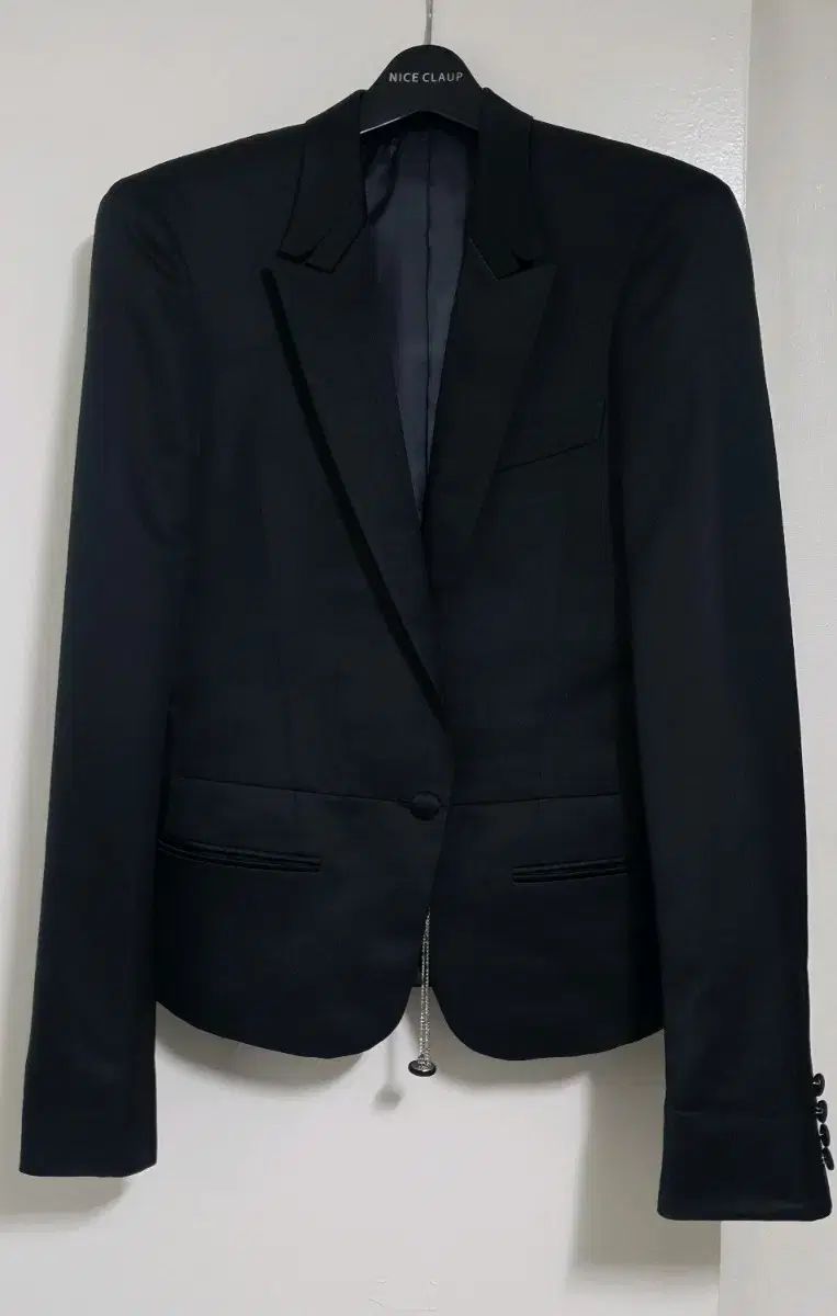 ランバン オンブルー サテンコンビ チェーン ボタン ブレーザー