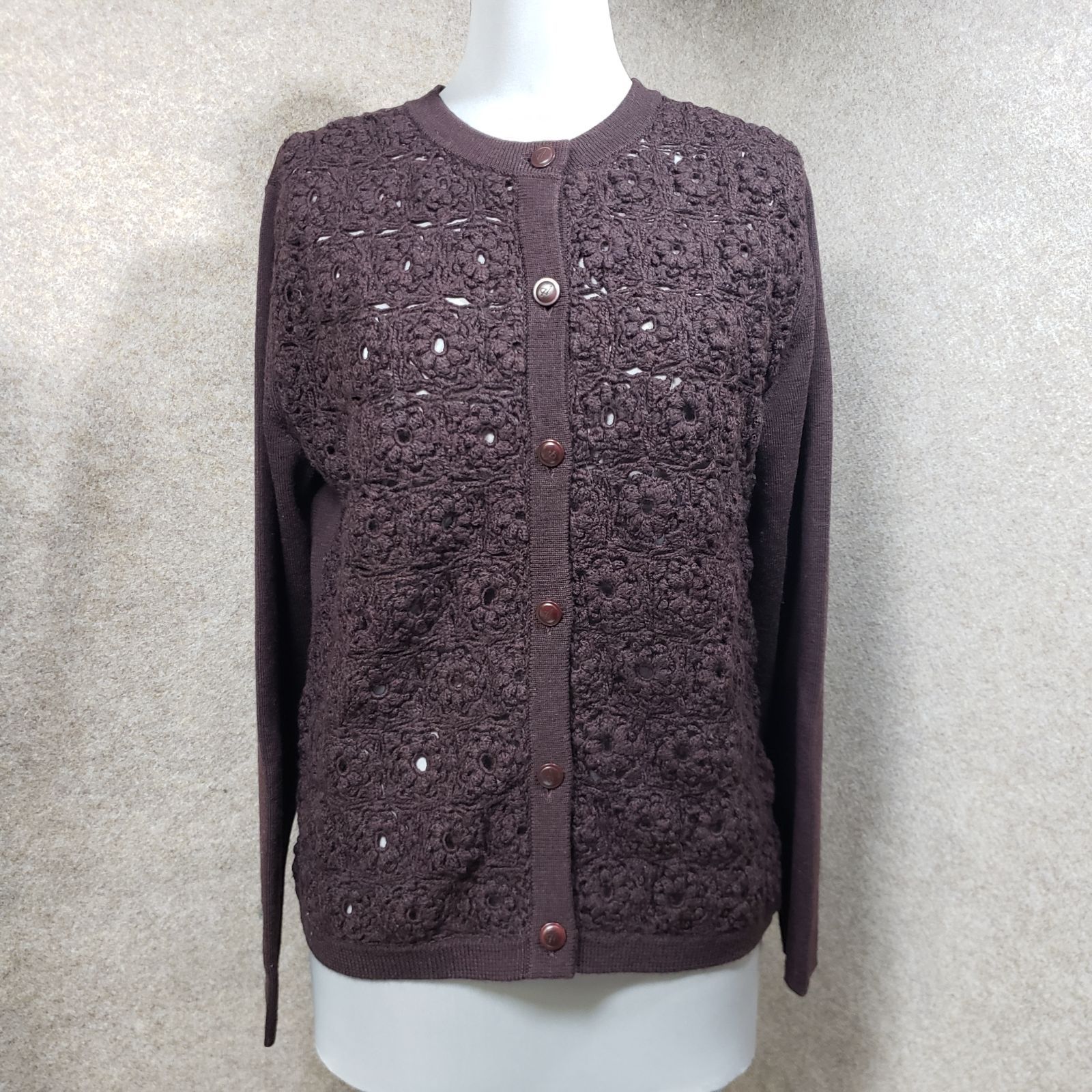 Aquascutum カーディガン 前面レース編みウール ニット ブラウン系 