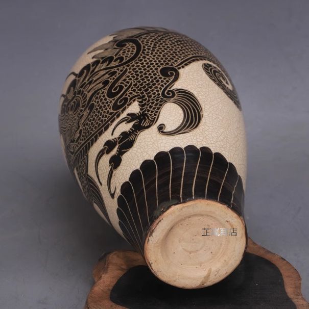 宋 磁州窯 白釉 手描き龍文 梅瓶 磁器 古民芸 出土風 骨董 家居