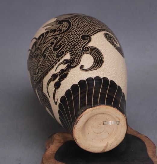 宋 磁州窯 白釉 手描き龍文 梅瓶 磁器 古民芸 出土風 骨董 家居