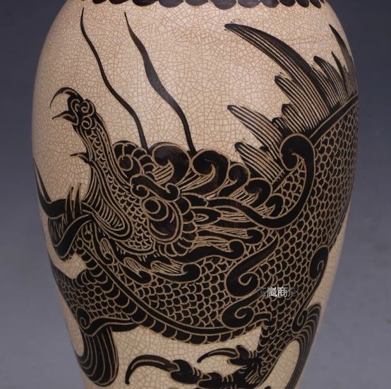 宋 磁州窯 白釉 手描き龍文 梅瓶 磁器 古民芸 出土風 骨董 家居