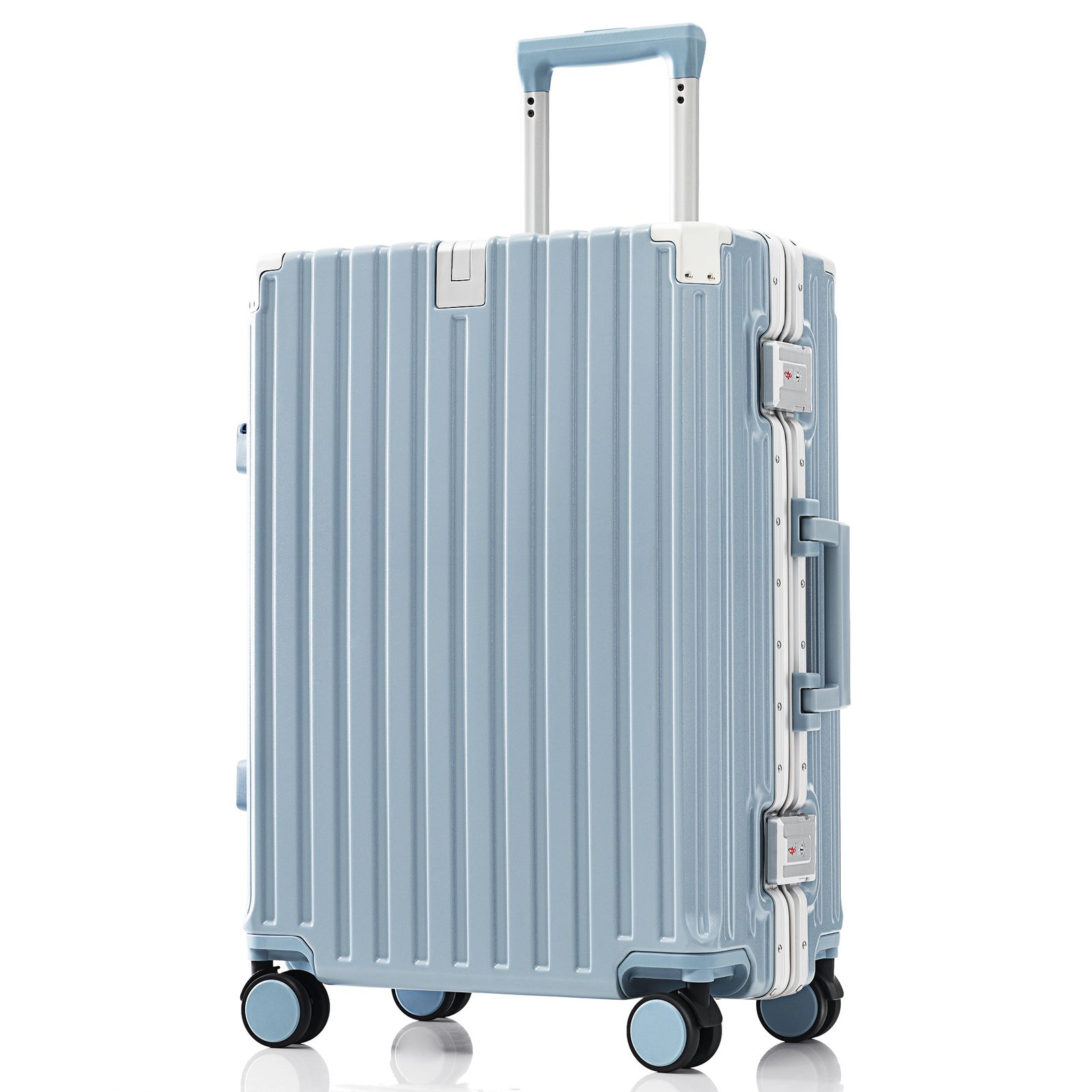 Lサイズ ブルー スーツケース キャリーケース キャリーバッグ フレームタイプ アルミ USBポート付き カップホルダー フック式底足 リンクホルダー 軽量 おしゃれ 電車 静音 海外 感 TSAロック 大型 7～14日