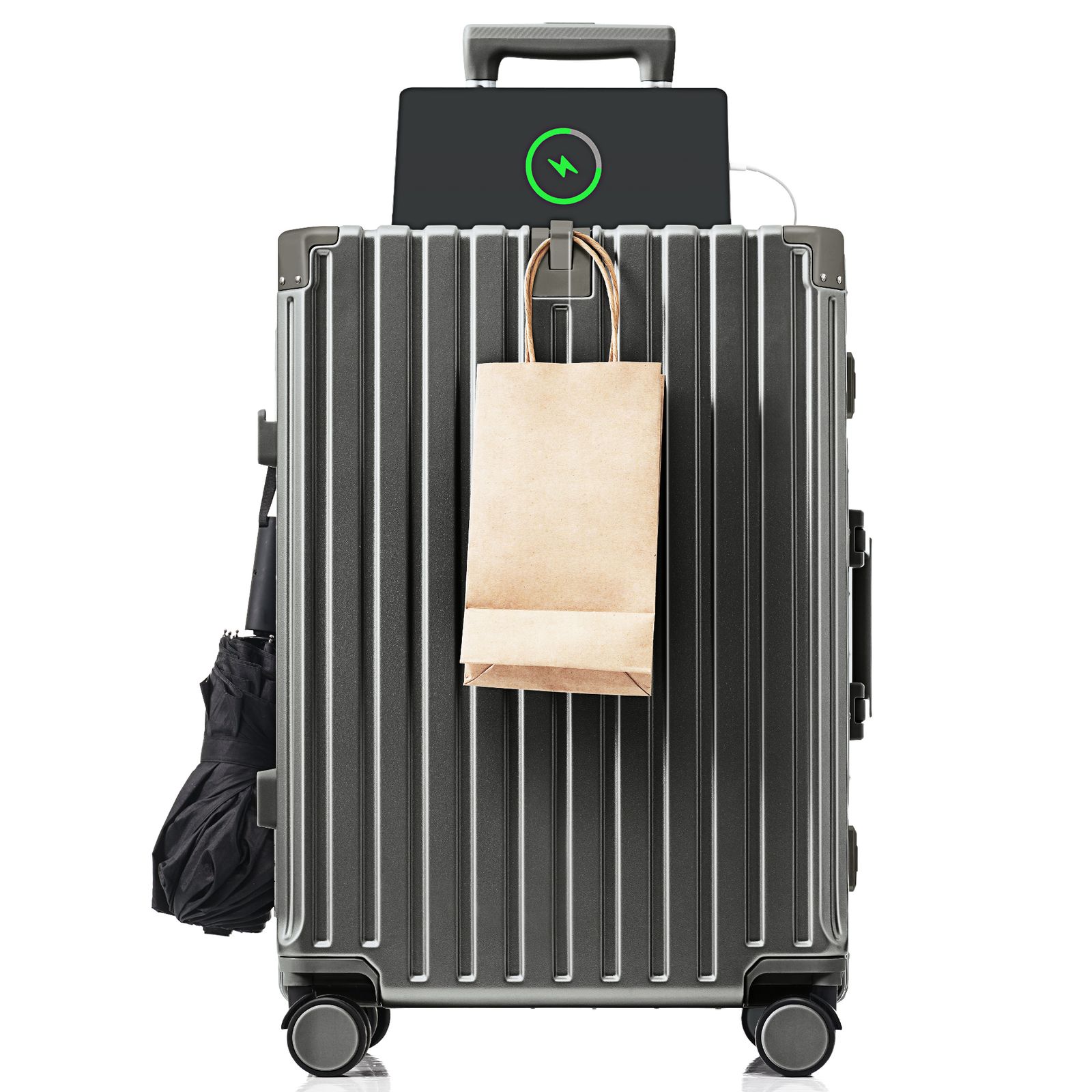 Lサイズ ダックグレー スーツケース キャリーケース キャリーバッグ フレームタイプ アルミ USBポート付き カップホルダー フック式底足 リンクホルダー 軽量 おしゃれ 電車 静音 海外 感 TSAロック 大型 7～14日