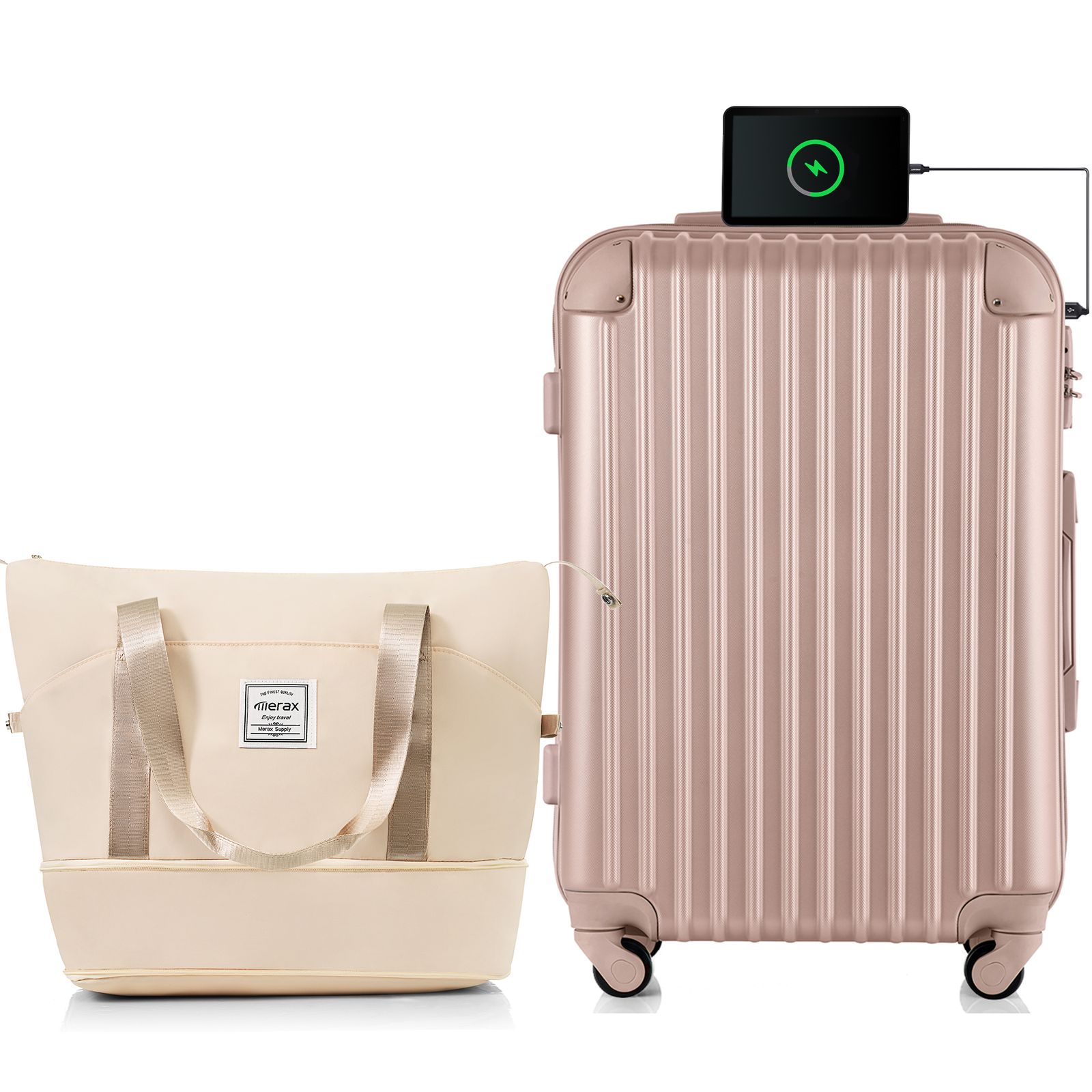 Mサイズシャンパンスーツケース ベージュバッグ USB充電ポート付き ドリンクホルダー付き キャリーバッグ キャリーケース 4日 7日 中型 TSAロック搭載 トートバッグ ハンドバッグ レディース バッグ 手提げ 大容量 超軽量 軽い おしゃれ 大型
