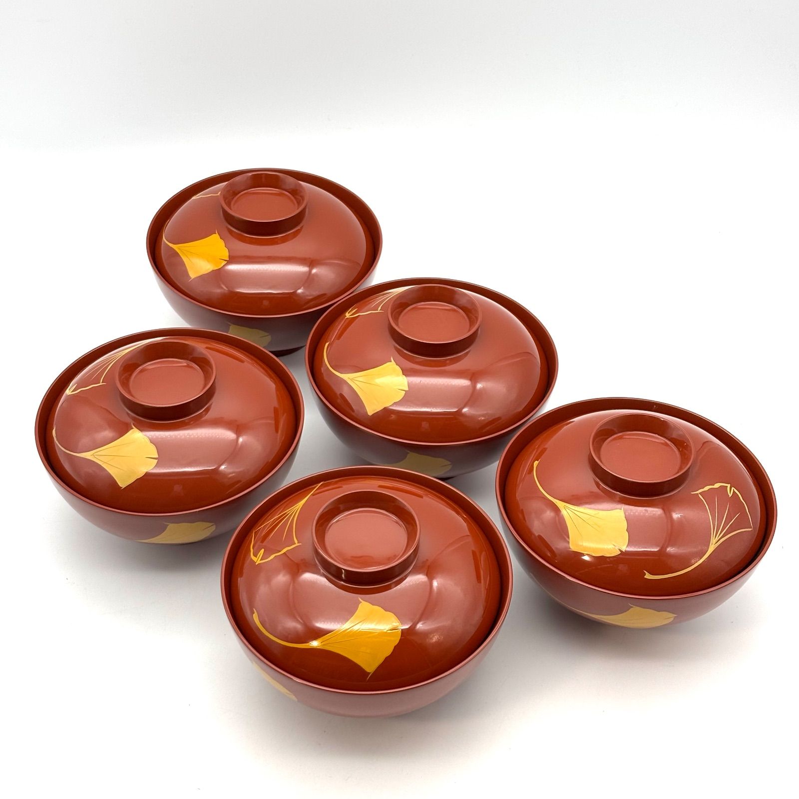 浄法寺塗】うるみ工芸 吸物椀 5客 / 朱塗 銀杏文 浄法寺塗り 浄法寺漆