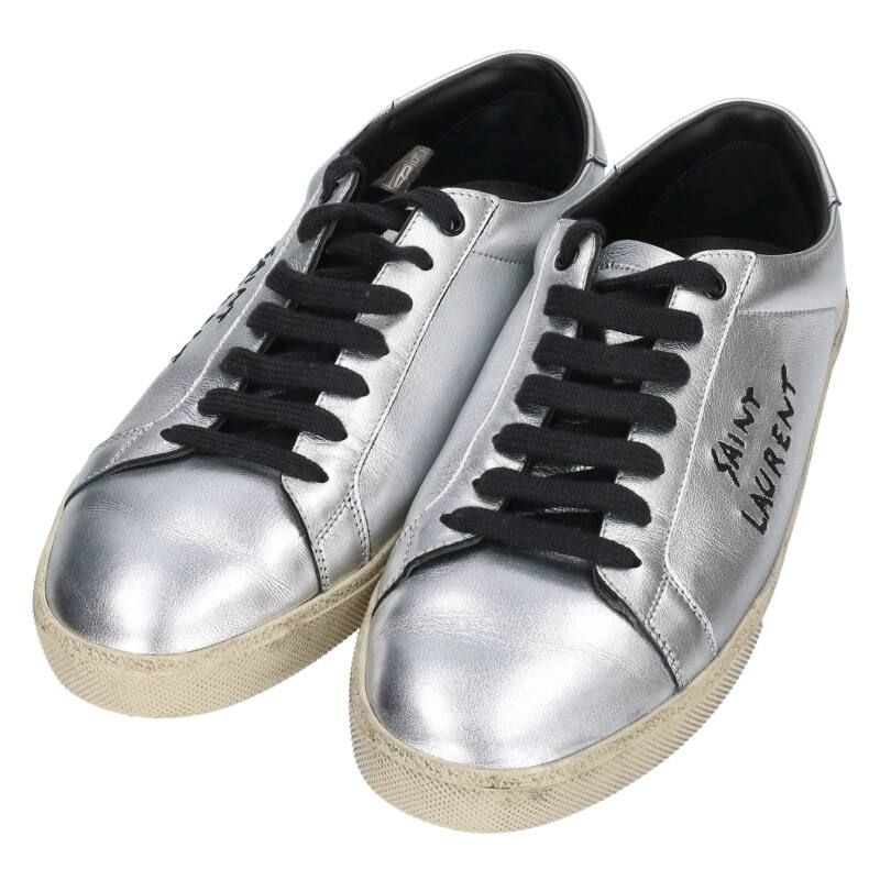 定価13万　サンローラン　ローカット ロゴ刺繍 キャンバス×レザースニーカー 定価13万 サンローラン ローカット ロゴ刺繍 キャンバス×レザースニーカー