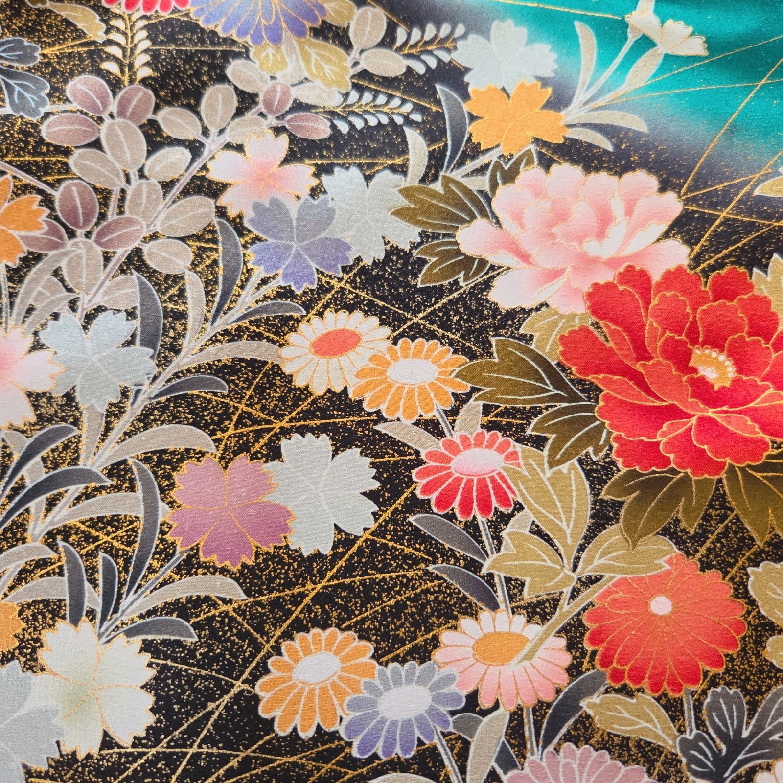  ❦Kaena❦ 着物リメイク ロング マキシ丈 ワンピース ロングスリット袖 振袖 ベルト紐付き 後ろ開きボタン 花柄 桜 総柄 御所車草花文 金彩 暈し染め 駒刺繍 美シルエット エメラルドグリーン 結婚式 パーティー オケージョン 演奏会 ステージ衣装 長袖 七分袖 その他