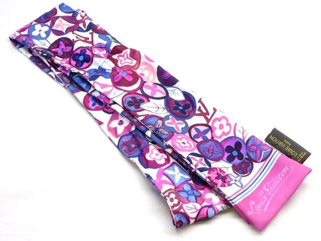 ルイヴィトン □ バンドー リボンスカーフ パープルピンク系 シルク