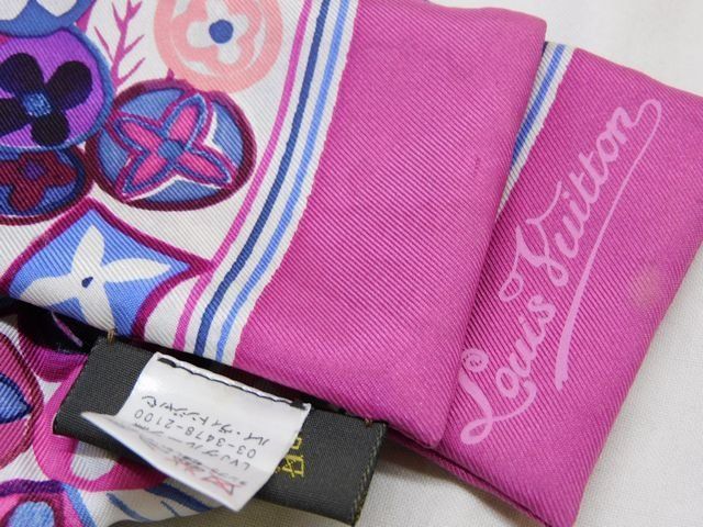 ルイヴィトン □ バンドー リボンスカーフ パープルピンク系 シルク