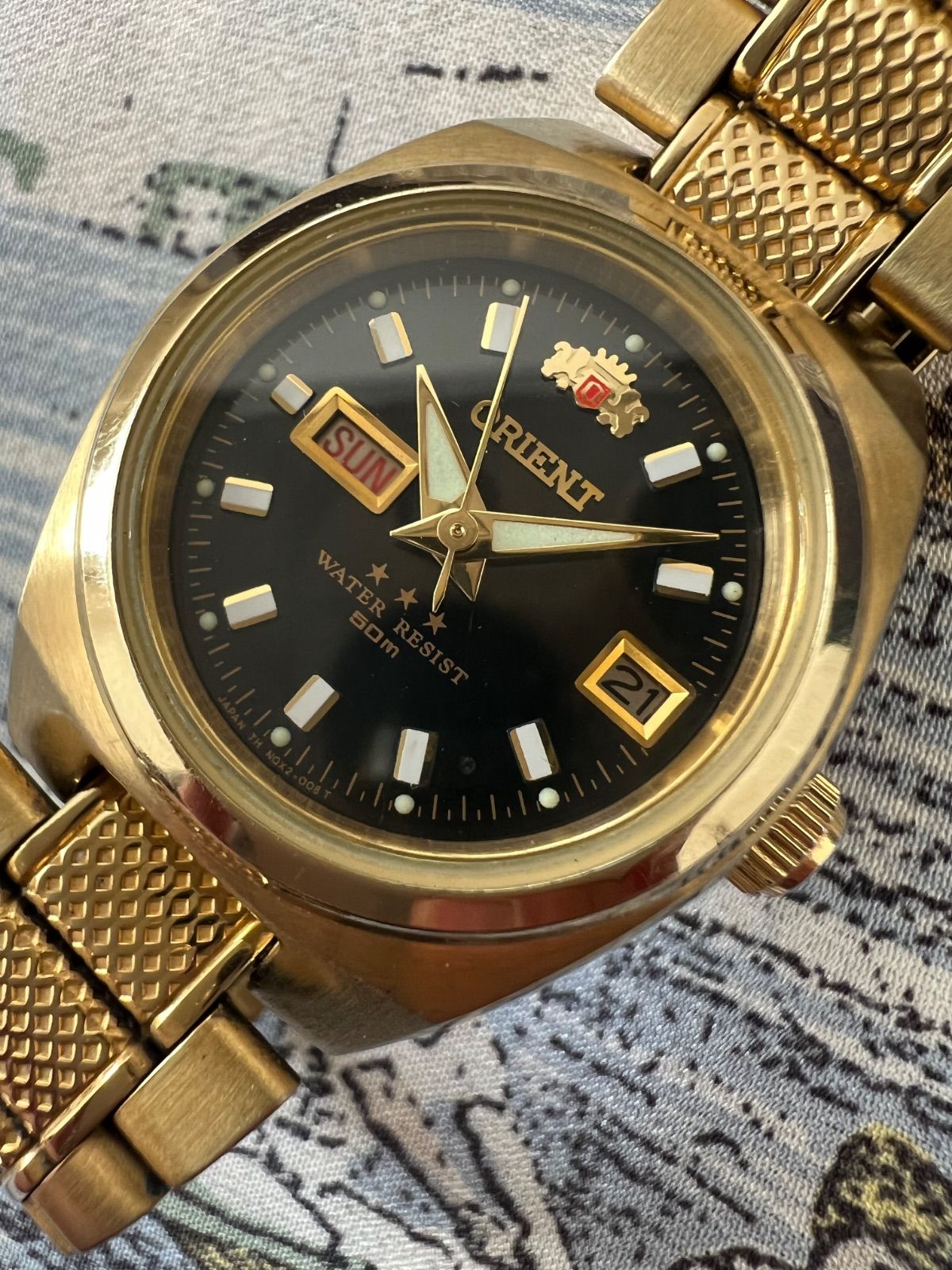 オリエント☆レディース☆自動巻き時計☆スリースター☆ゴールド色