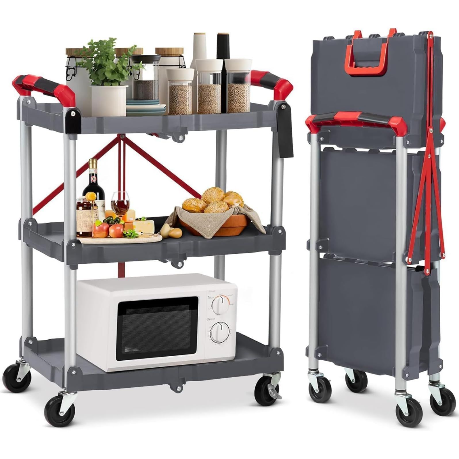 ツールワゴン ツールカート 3段 折りたたみ 工具ワゴン キャスター付き 工具移動台車 工具収納 総耐荷重75 kg 家庭 オフィス ホテル 倉庫用 グレー