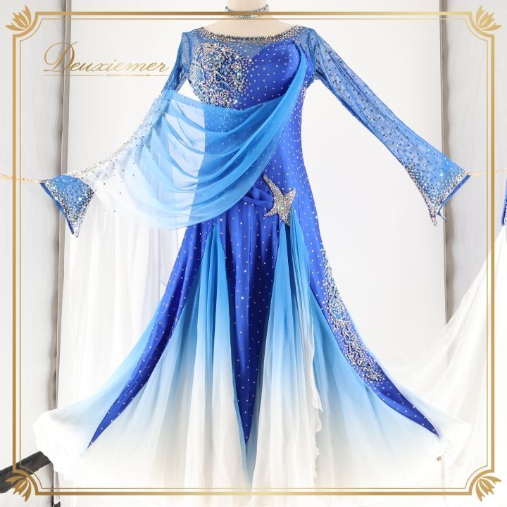 社交ダンス 衣装 ドレス ワンピース フロート レース 青 白 上品 感 デモ 競技 ダンス パーティ 発表会 ホワイト系 ブルー系 グラデーション スカート 大人用 エレガント シンプル おしゃれ パーティー用