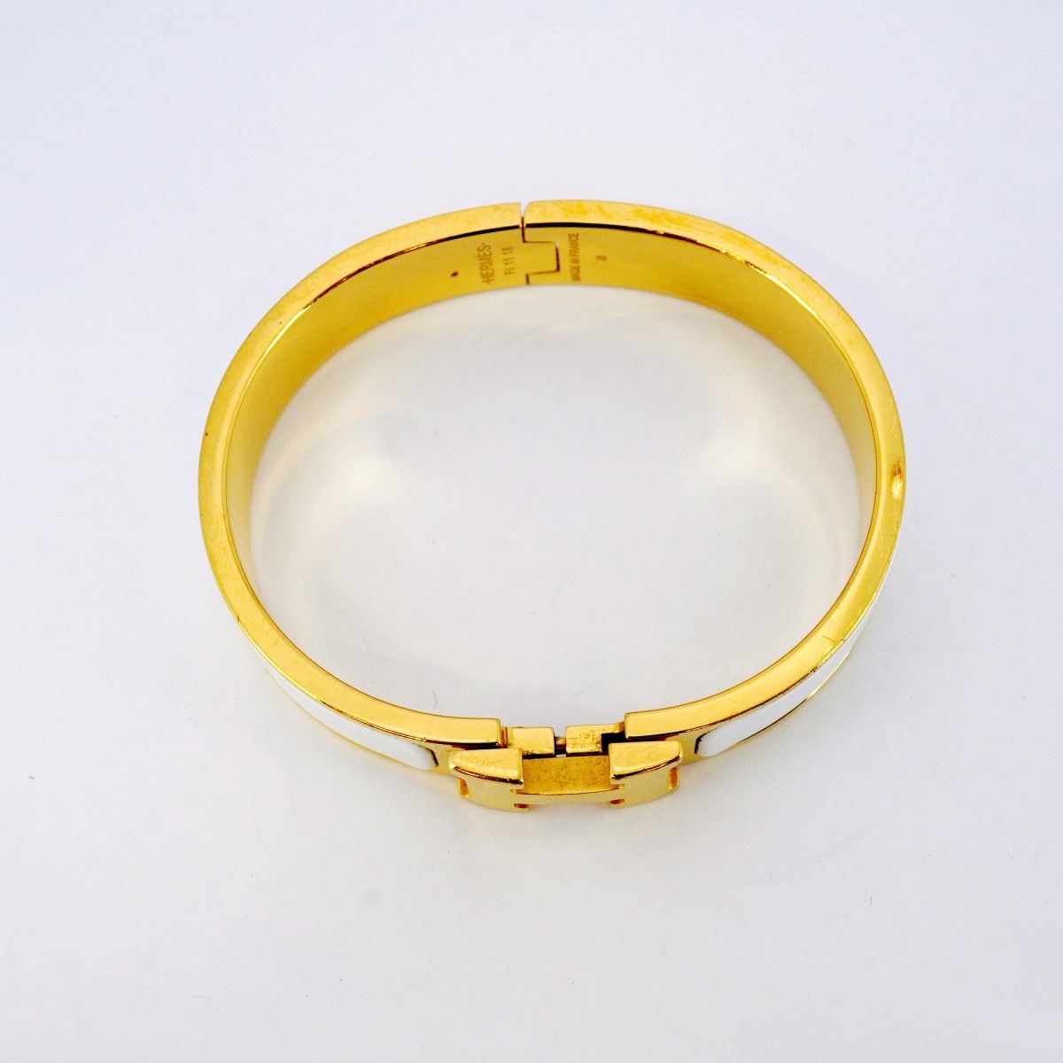 【美品】HERMES バングル　クリッククラックPM ホワイト　ゴールド 5job0340】エルメス バングル クリッククラックPM GPメッキ ゴールド