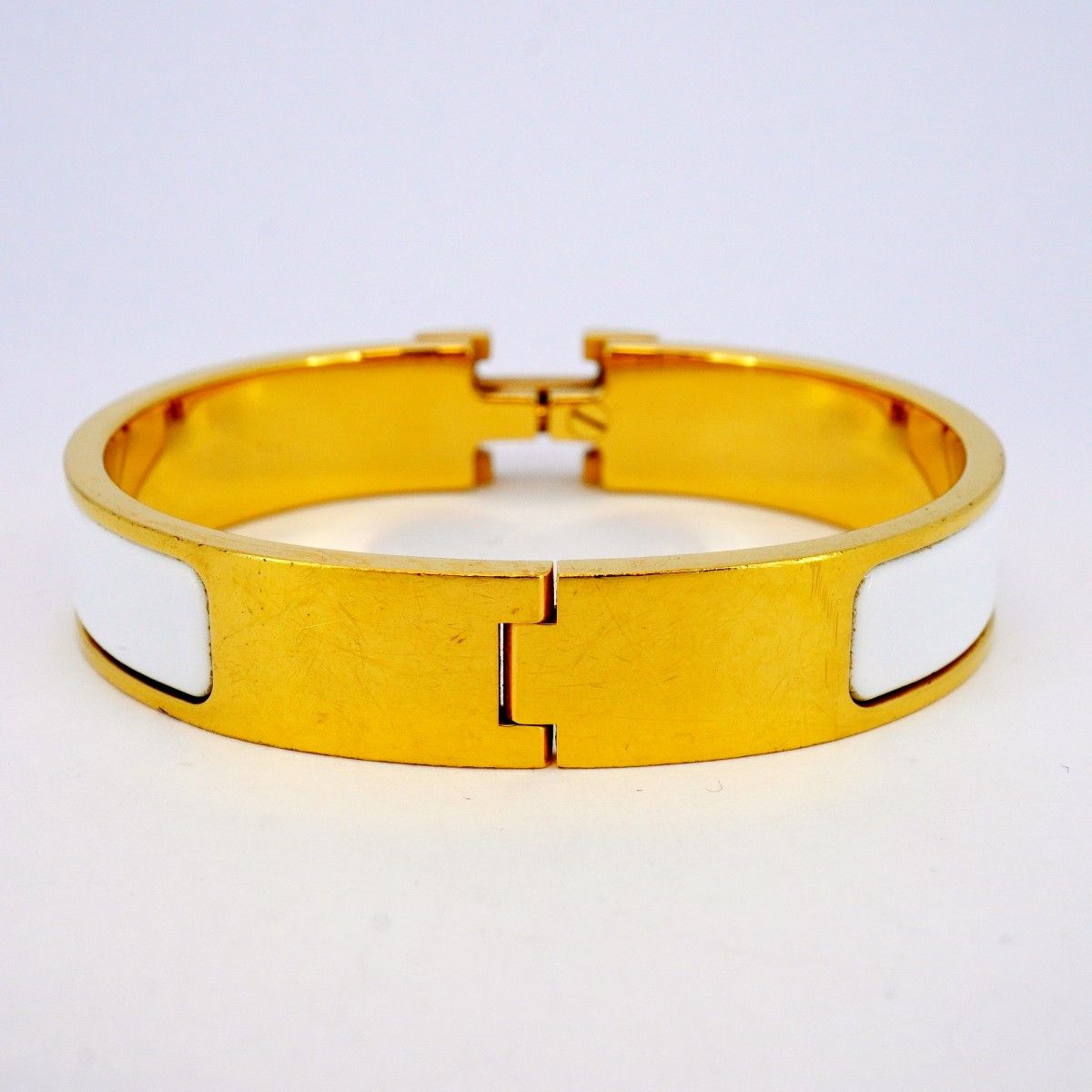 【美品】HERMES バングル　クリッククラックPM ホワイト　ゴールド 5job0340】エルメス バングル クリッククラックPM GPメッキ ゴールド