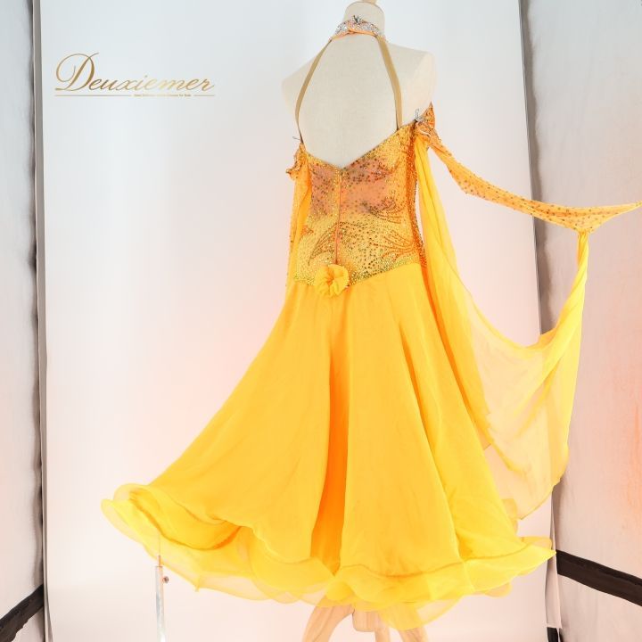 お値下げ社交ダンスドレス！Create-Sunスタンダードドレス！イエローレッド 社交ダンス 衣装 スタンダードドレス スタンダード ドレス ワンピース