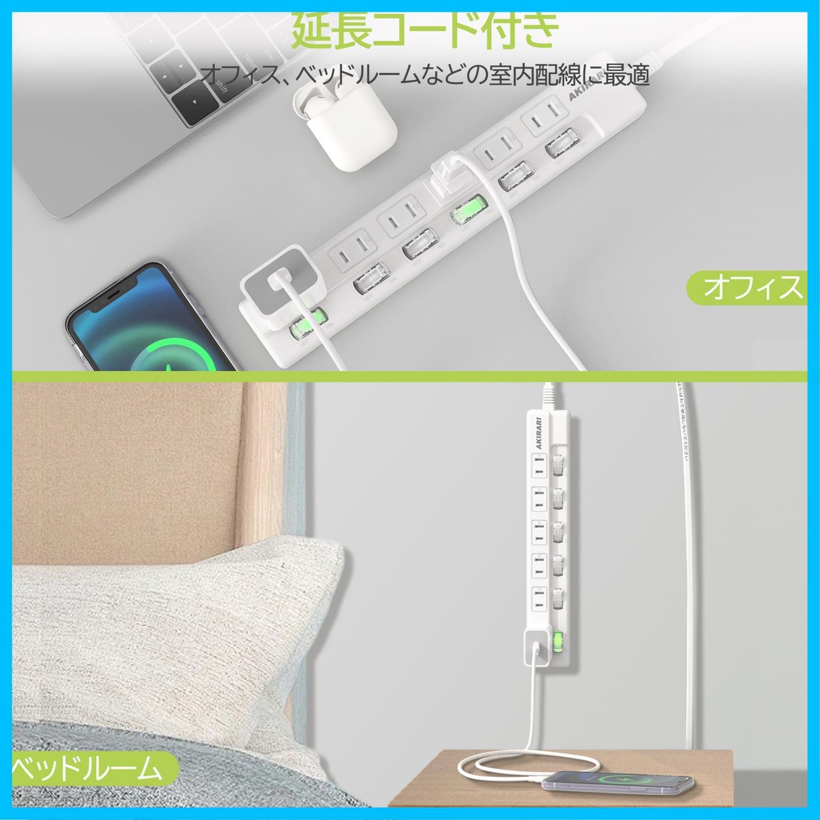 電源タップ 2 m スイッチ付き 口 個別スイッチ ほこりシャッター付 雷ガード スイングプラグ 火災予防安全タップ 白 おしゃれ たこあしコンセント テーブルタップ 電源コード 1 3 OAタップ 壁掛け 卓上に 付き