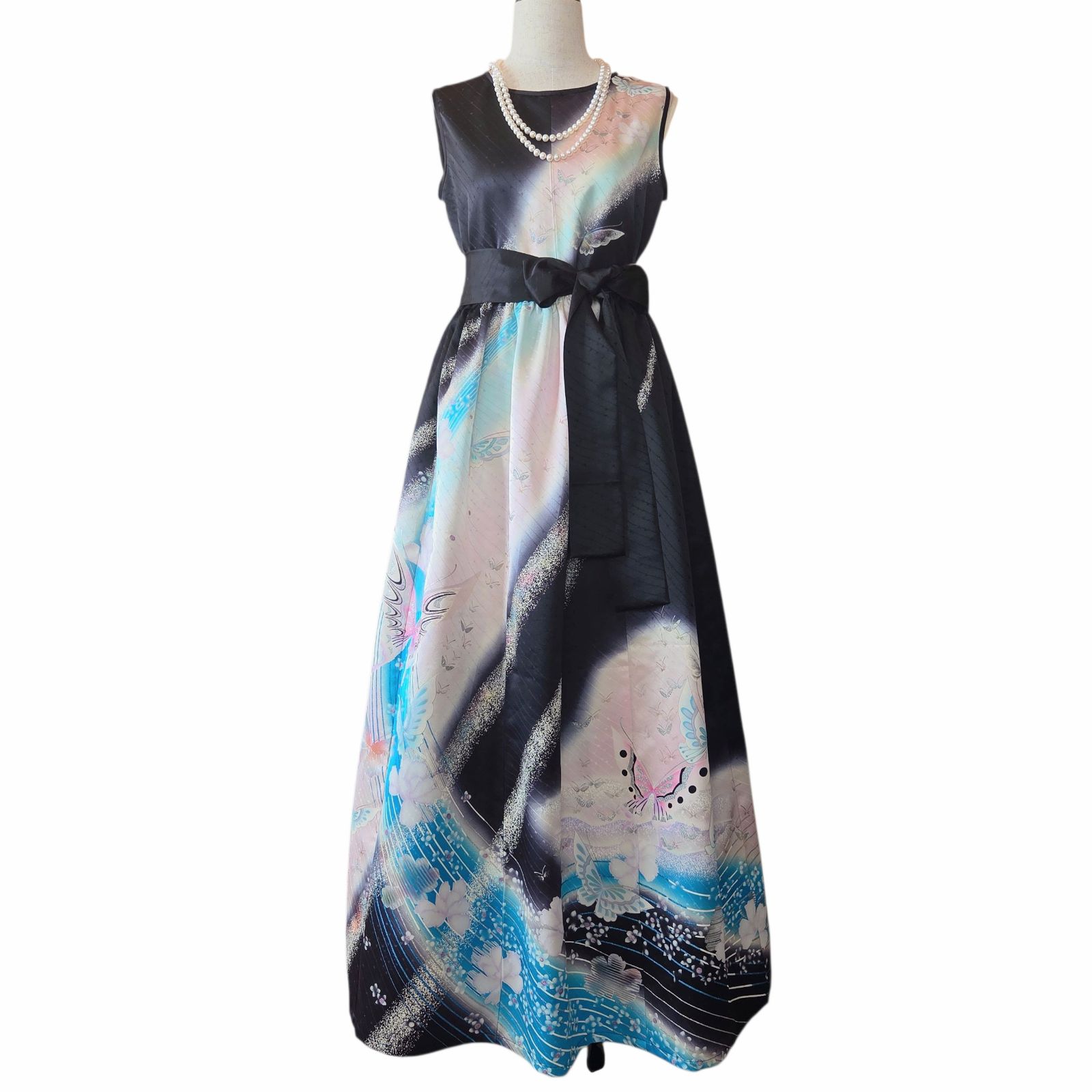 着物リメイク　ギャザー　ワンピース　振袖　ドレス　ロング　フレア　螺鈿　金銀彩 ❦Kaena❦ 着物リメイク ワンピース ロング ドレス ギャザー マキシ