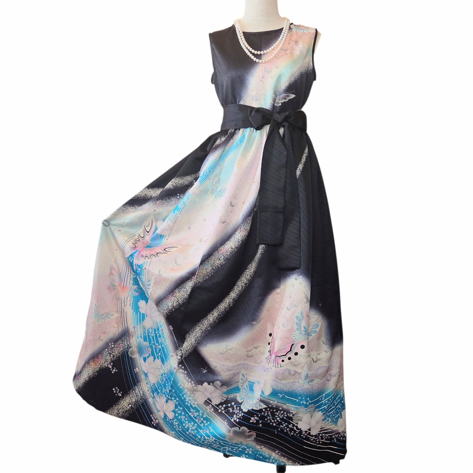 着物リメイク　ギャザー　ワンピース　振袖　ドレス　ロング　フレア　螺鈿　金銀彩 ❦Kaena❦ 着物リメイク ワンピース ロング ドレス ギャザー マキシ