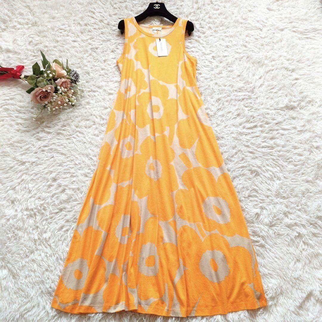 タグ付き マリメッコ Liplatus Unikko ユニコ ノースリーブ ロング フ ワンピース 定価38500 オレンジ 花柄