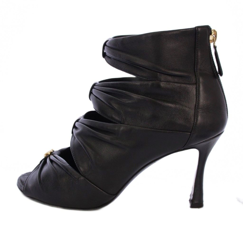 シャネル CHANEL ブーティ ショートブーツ オープントゥ レザー 37C 黒