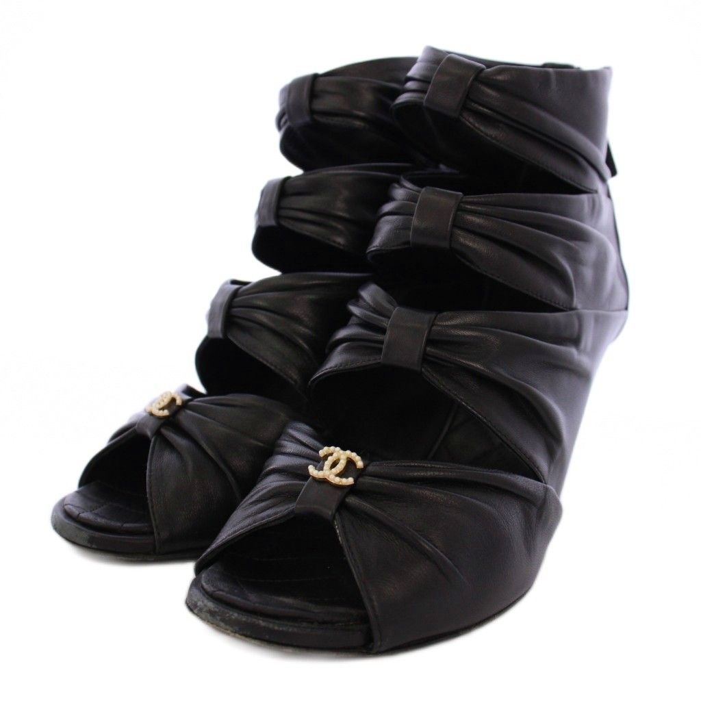 シャネル CHANEL ブーティ ショートブーツ オープントゥ レザー 37C 黒