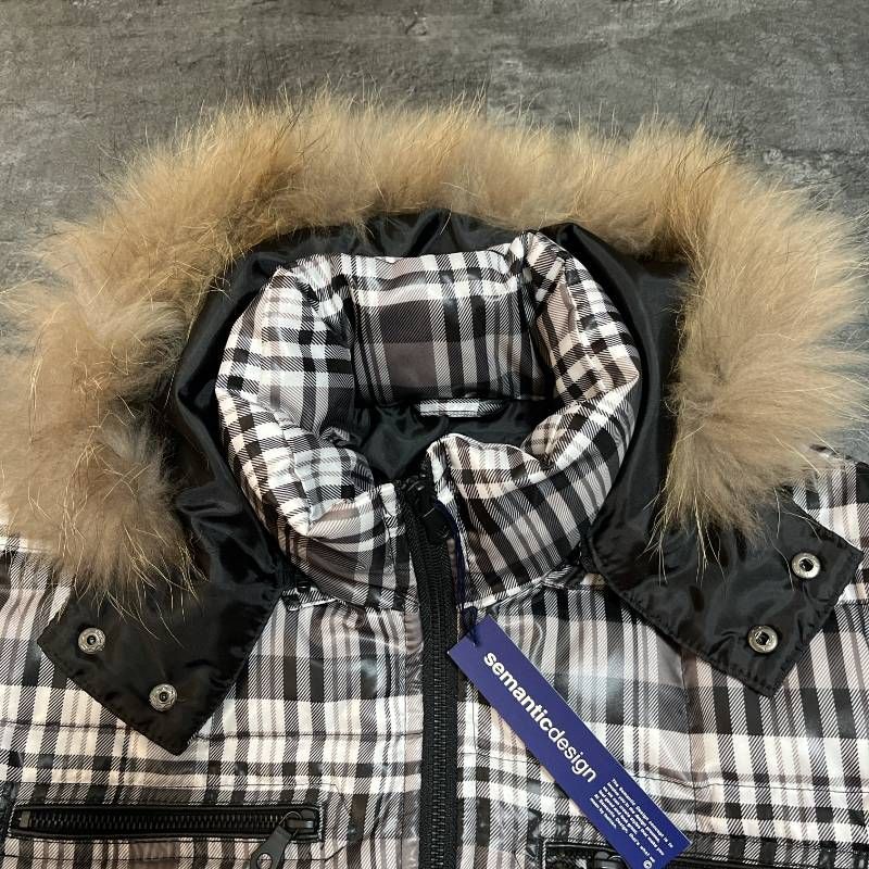 y2k Semantic Design Down Jacket Raccoon Fur Check Tag M Mens NWT