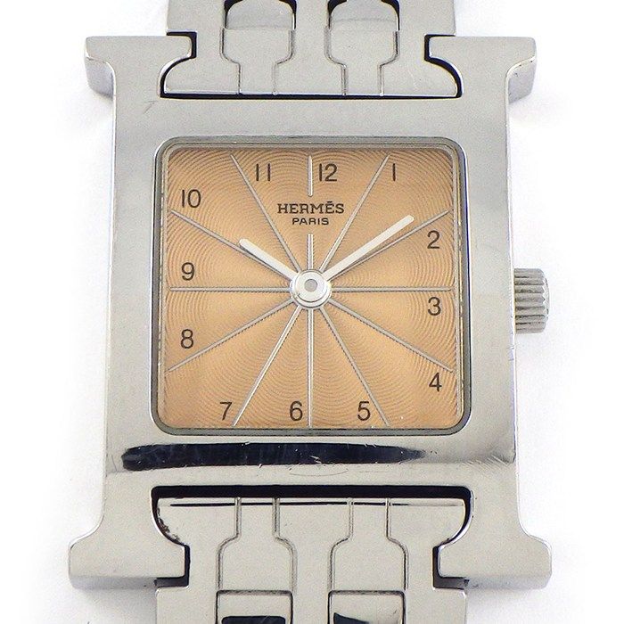 エルメス HERMES 腕時計 Hウォッチ HH 1.210 スクエア ピンクギョーシェ文字盤 SS クオーツアナログ