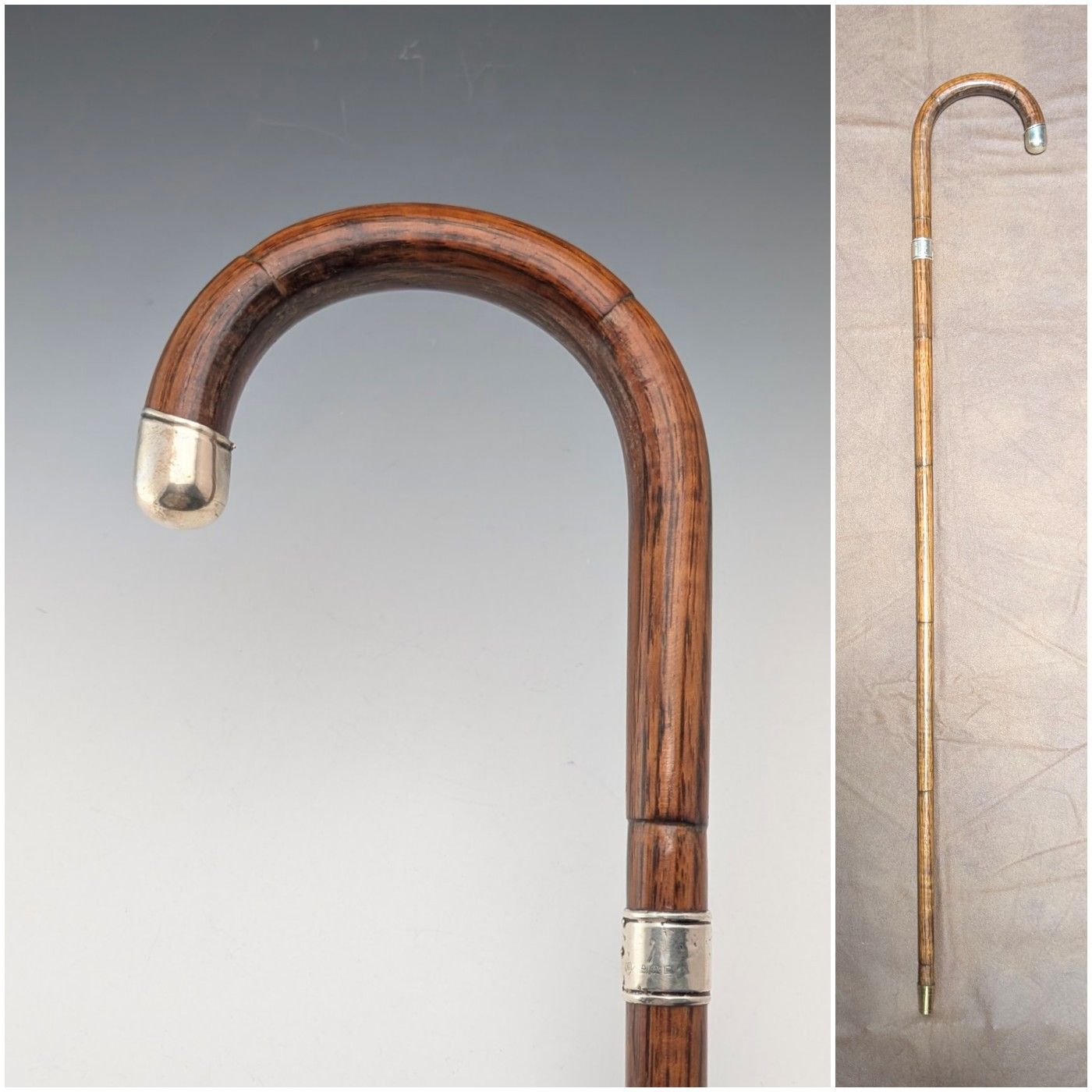 1928年頃 英国ヴィンテージ ブラウンシャフト 曲がりハンドル 純銀装飾 ステッキ 杖 85 cm