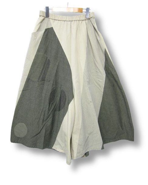 慈雨 ジウ JIU センソユニコ スカートのようなワイドパンツ ウエストゴム 和柄切替デザイン Lサイズ40 管理番号 -251124-503 990