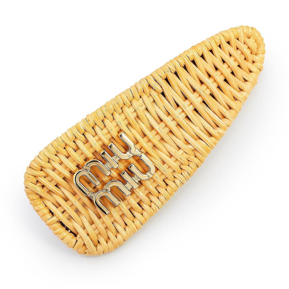 ミュウミュウ ロゴ バレッタ ヘア ウィッカー ラフィア ナチュラル ベージュ ゴールド金具 5 IF 092 miu