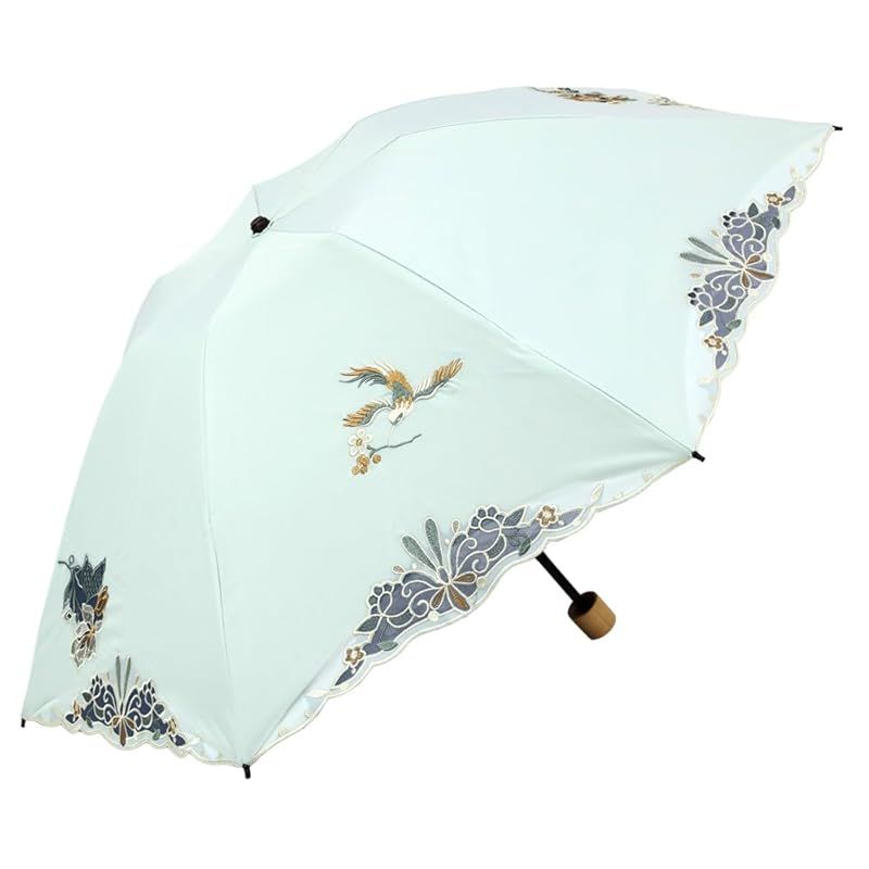 シノワズリーモダン 日傘 折りたたみ レディース１級遮光 UVカット 晴雨兼用 カットワーク刺繍 オーガンジー 3段折りたたみ 軽量 花鳥刺繍 ミント 0