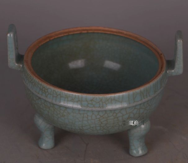 宋 汝窯 天青釉 双耳三足 透かし彫り香炉 磁器 骨董 家居コレクション