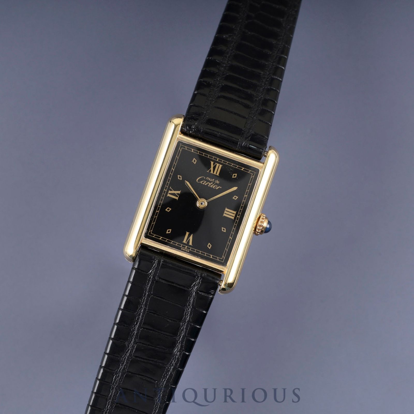 カルティエ マストタンク LM 590005 クォーツ Cal 90 SV 925 革 尾錠 GP ブラック飛びローマン文字盤 オーバーホール済み 仕上げ済み