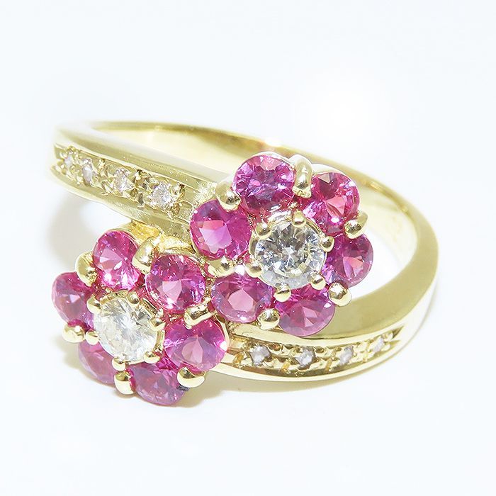 フラワー モチーフ ルビー ダイヤモンド リング K18 9号 鑑別書 0.91ct