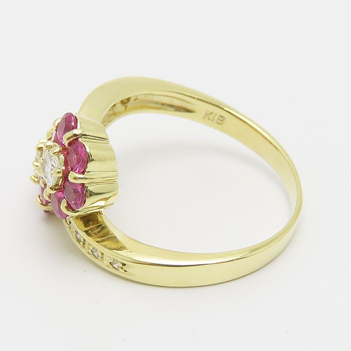 フラワー モチーフ ルビー ダイヤモンド リング K18 9号 鑑別書 0.91ct