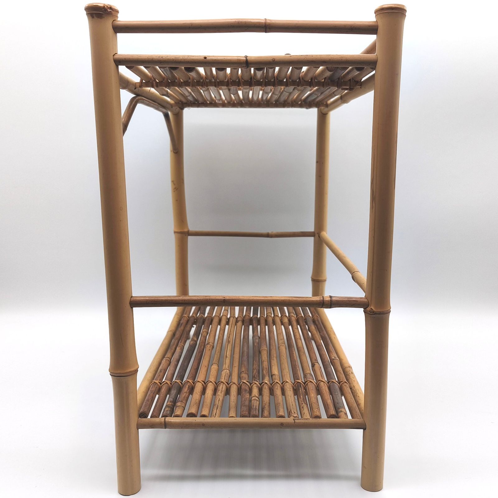 時代 煎茶道具 竹細工 煎茶棚 高60,6cm 飾り棚 違い棚 斑竹 細密細工